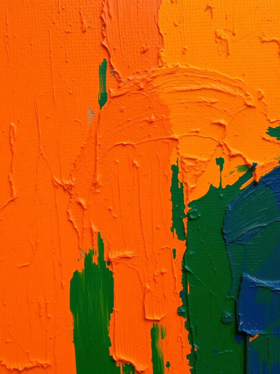 Close-up of an abstract painting in orange, green and cobalt