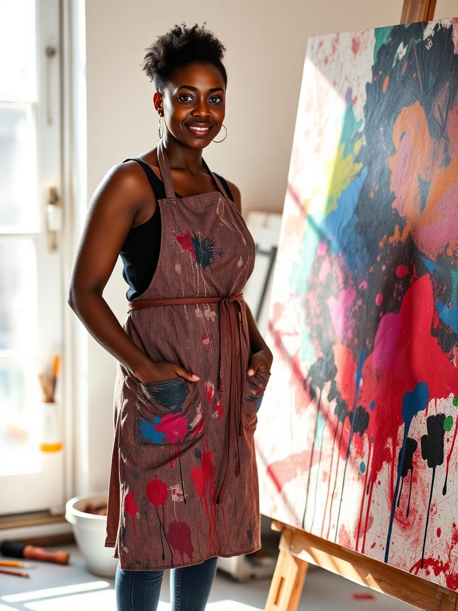 A Black artist in her studio beside a vivid splattered canvas